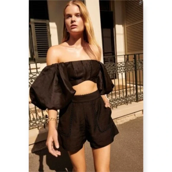 Aje Eugene Off The Shoulder Crop Top Black Puff Sleeves Size 16 US 12 Large NWT - Picture 1 of 8